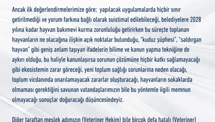 Türk Veteriner Hekimleri Birliği’nden Kritik Açıklama