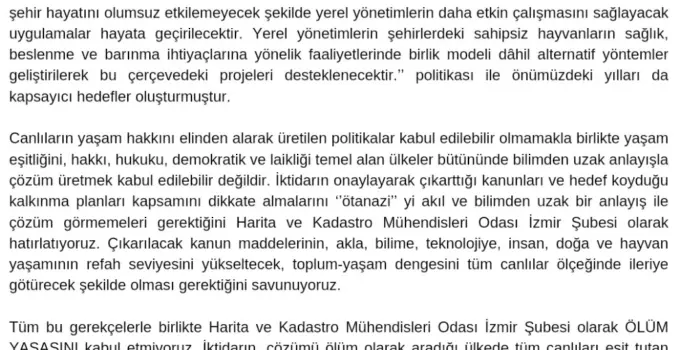 İzmir Harita ve Kadastro Mühendisleri Odası’ndan Hayvanları Koruma Kanunu’na Tepki