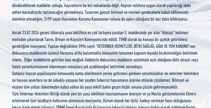 Türk Veteriner Hekimleri Birliği’nden Sahipsiz Hayvan Kanun Teklifine Tepki