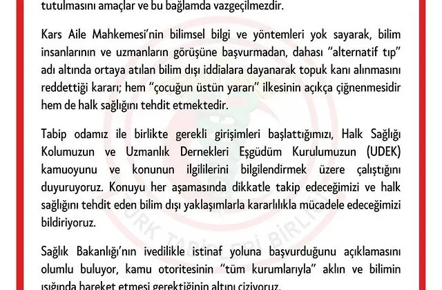 Türk Tabipleri Birliği’nden Kars Aile Mahkemesi Kararına Sert Tepki