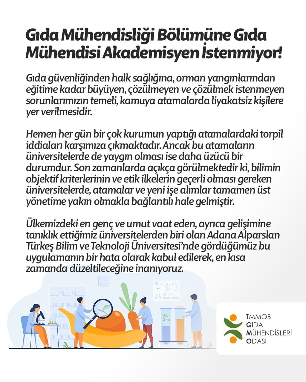Gıda Mühendisleri Odası’ndan Sert Tepki: “Gıda Mühendisliği Bölümüne Gıda Mühendisi Akademisyen Alınmıyor!”