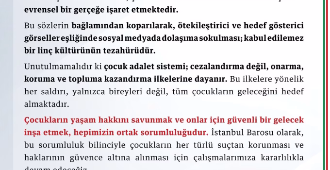 İstanbul Barosu’ndan Çocuk Hakları Başkanı’na Destek: “Çocuklar Suçlu Değil, Mağdurdur”