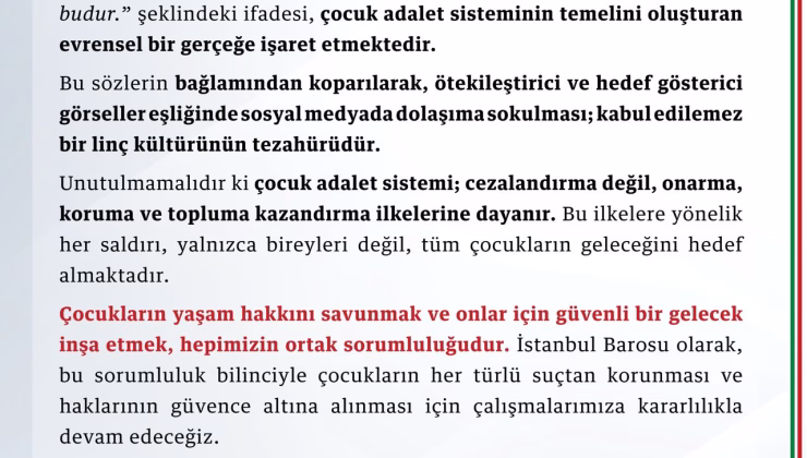 İstanbul Barosu’ndan Çocuk Hakları Başkanı’na Destek: “Çocuklar Suçlu Değil, Mağdurdur”