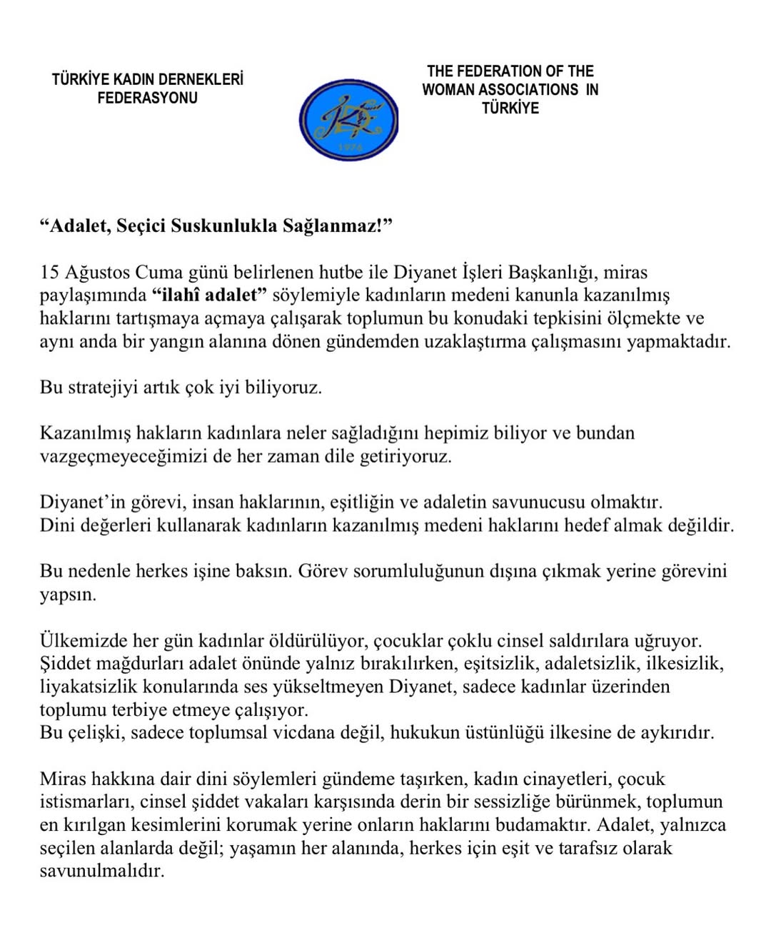 TKDF’den Diyanet’e Tepki: “Kadınların Kazanılmış Haklarına Dokunmayın”