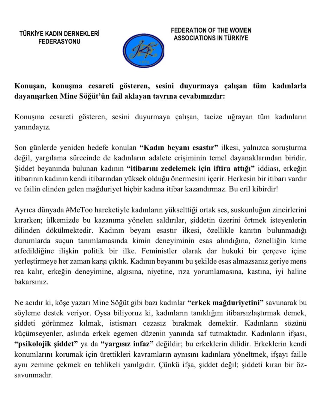 Türkiye Kadın Dernekleri Federasyonu’ndan Mine Söğüt’e Tepki: “Kadın Beyanı Esastır”