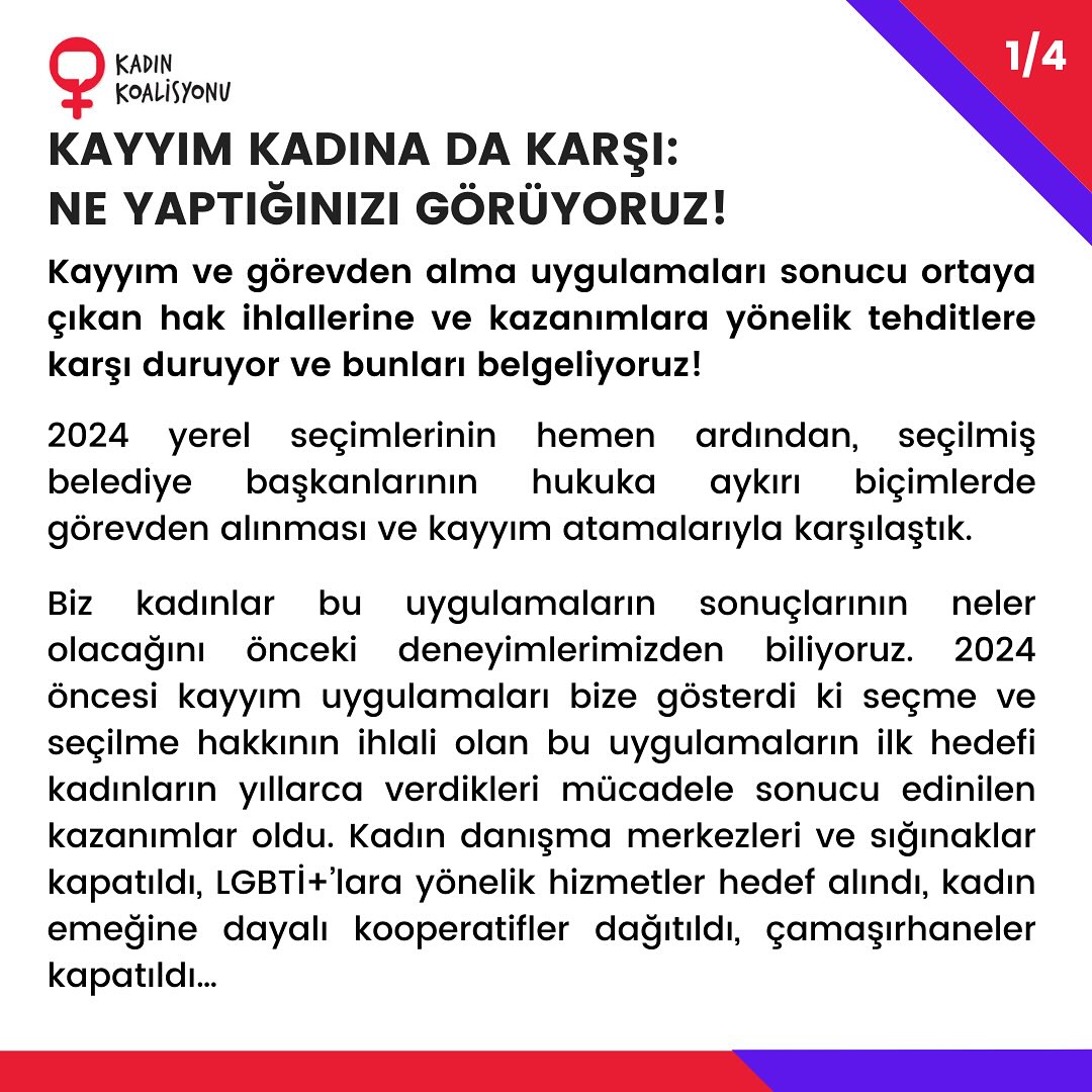 Kadın Koalisyonu’ndan Kayyım Uygulamalarına Tepki: “Kadın Kazanımlarına Yönelik Sistematik Tasfiye”