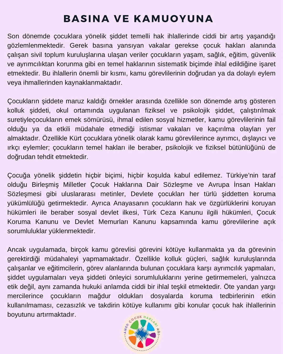 Amed Çocuk Hakları Ağı’ndan Çocuklara Yönelik Şiddet ve Hak İhlallerine Karşı Acil Çağrı