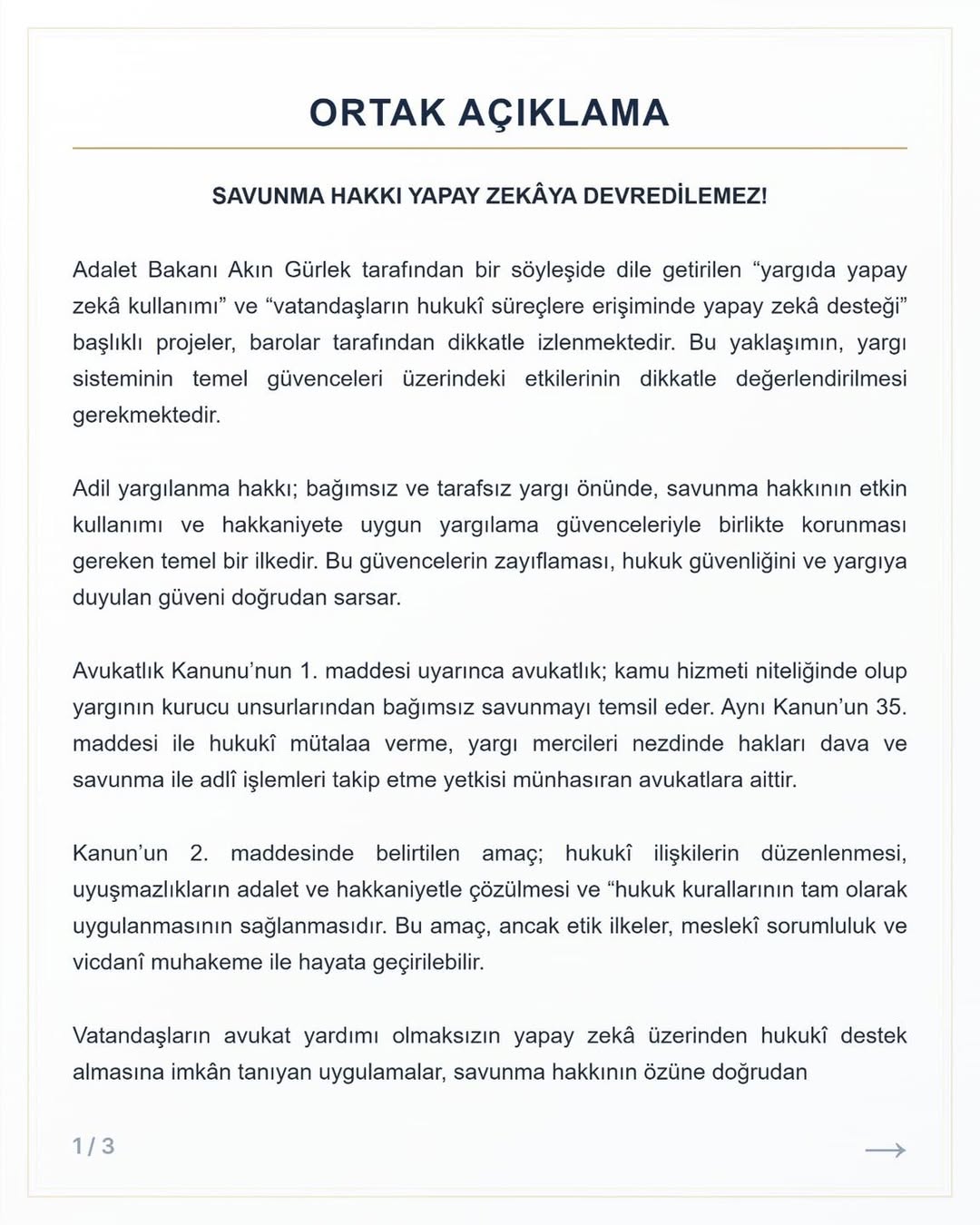 75 Barodan Ortak Açıklama: “Savunma Hakkı Yapay Zekâya Devredilemez”