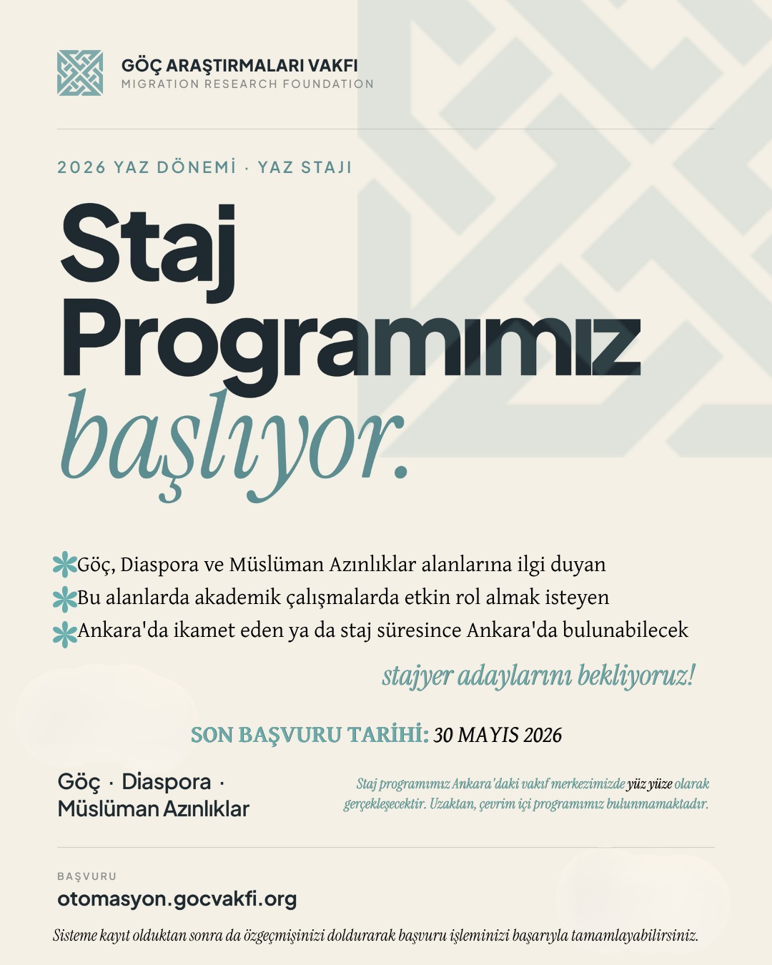 Göç Araştırmaları Vakfı 2026 Yaz Dönemi Staj Başvurularını Açtı