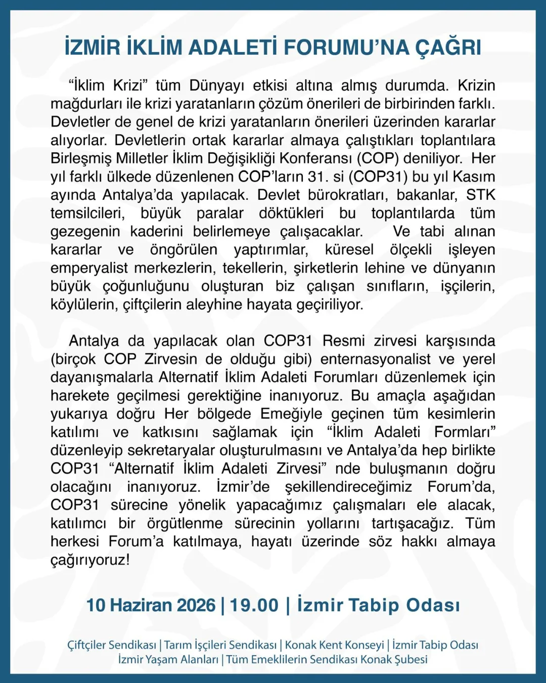İzmir İklim Adaleti Forumu COP31 Sürecini Yerelden Tartışacak