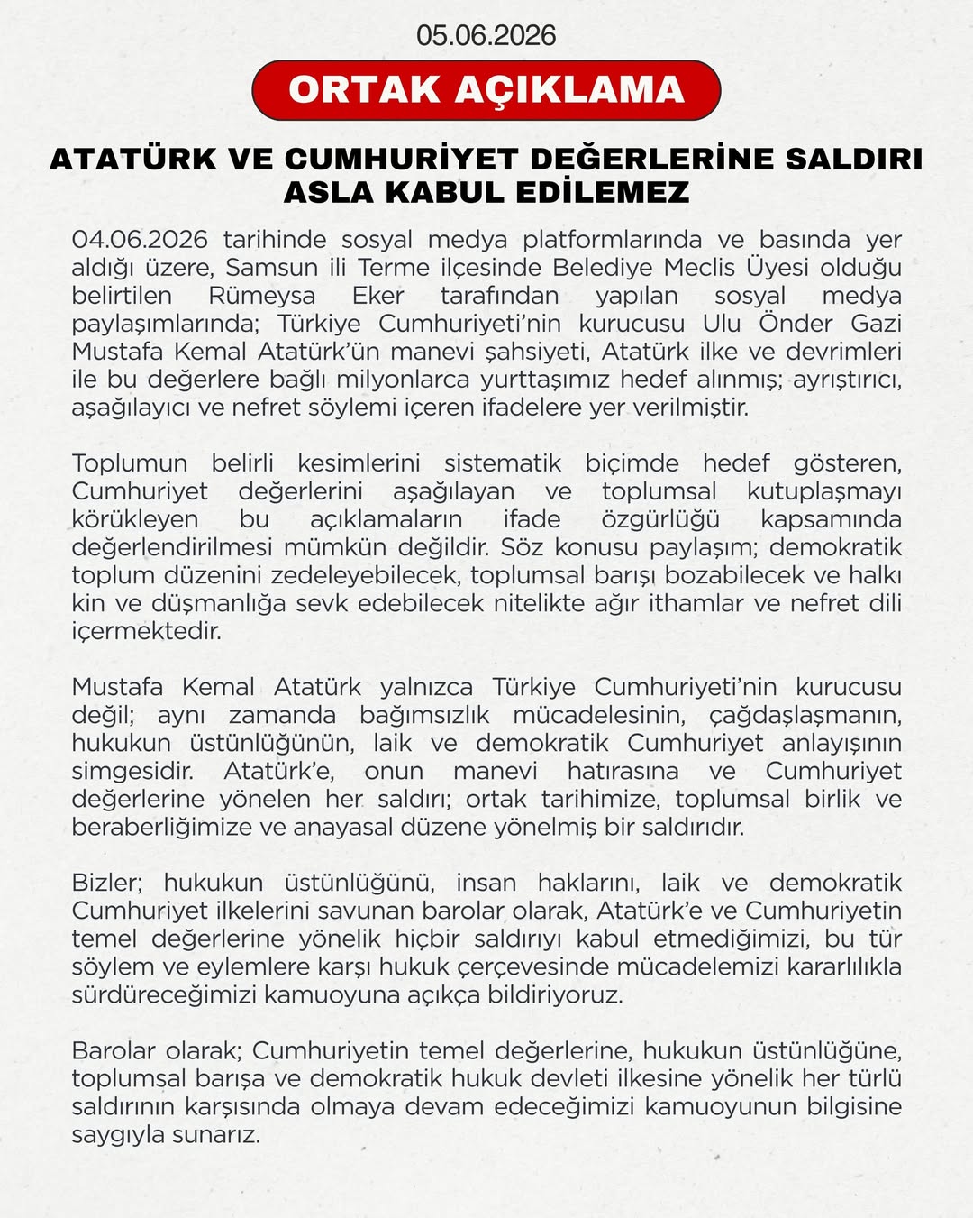 Barolardan Atatürk ve Cumhuriyet Değerlerine Yönelik Saldırılara Ortak Açıklama