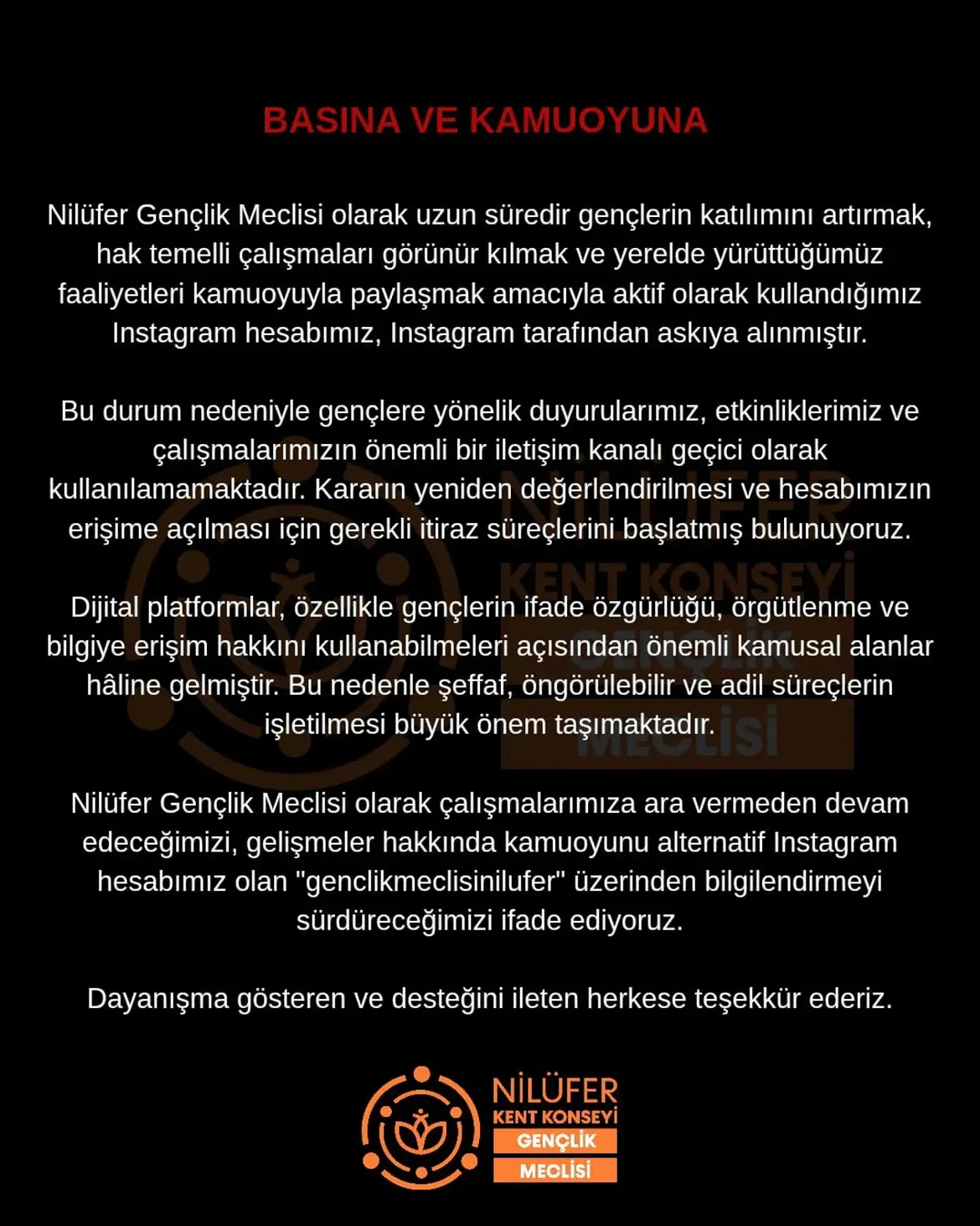 Nilüfer Gençlik Meclisi Instagram Hesabının Askıya Alındığını Duyurdu