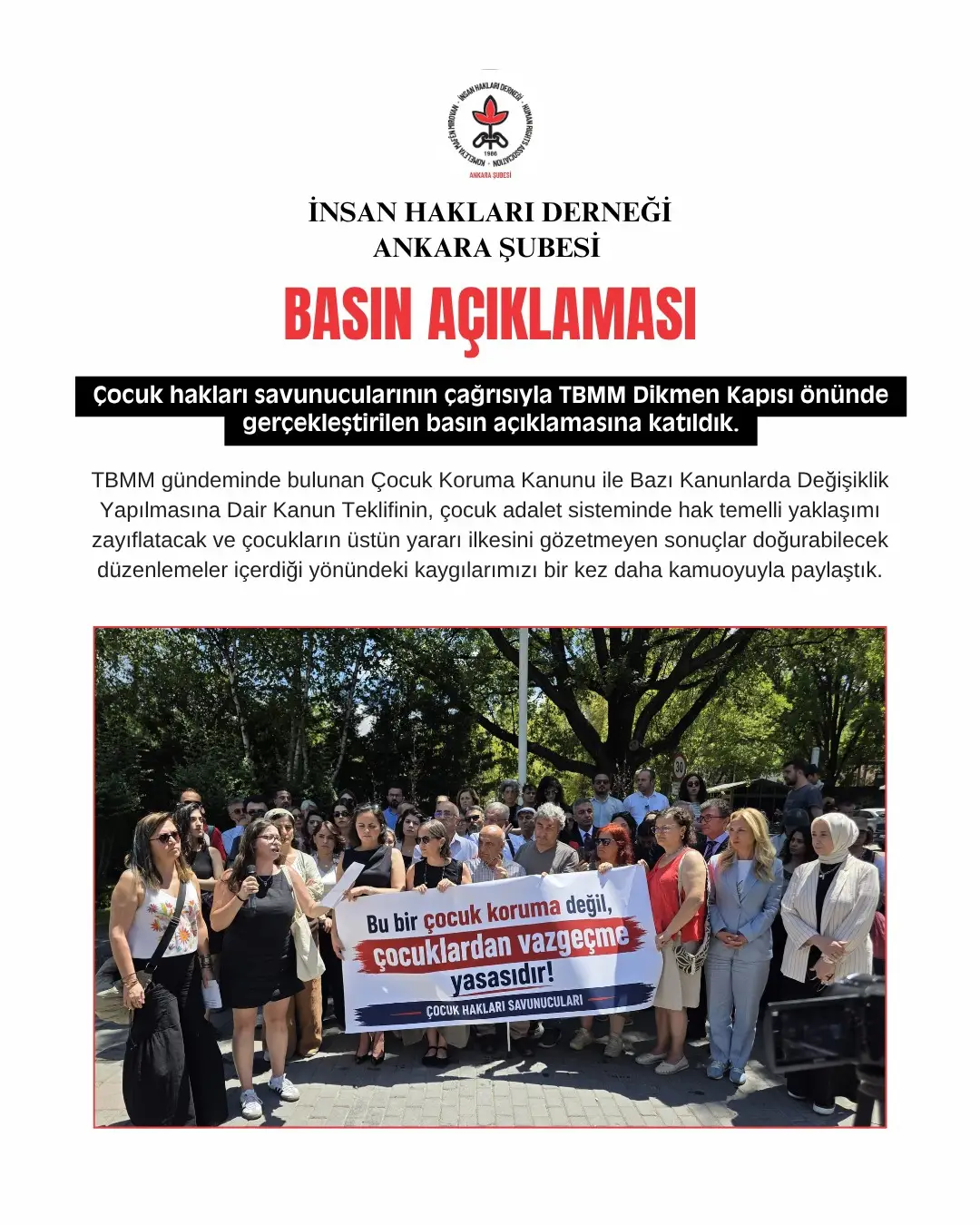 İHD Ankara Şubesi Çocuk Koruma Kanunu Teklifine Karşı TBMM Önündeki Basın Açıklamasına Katıldı