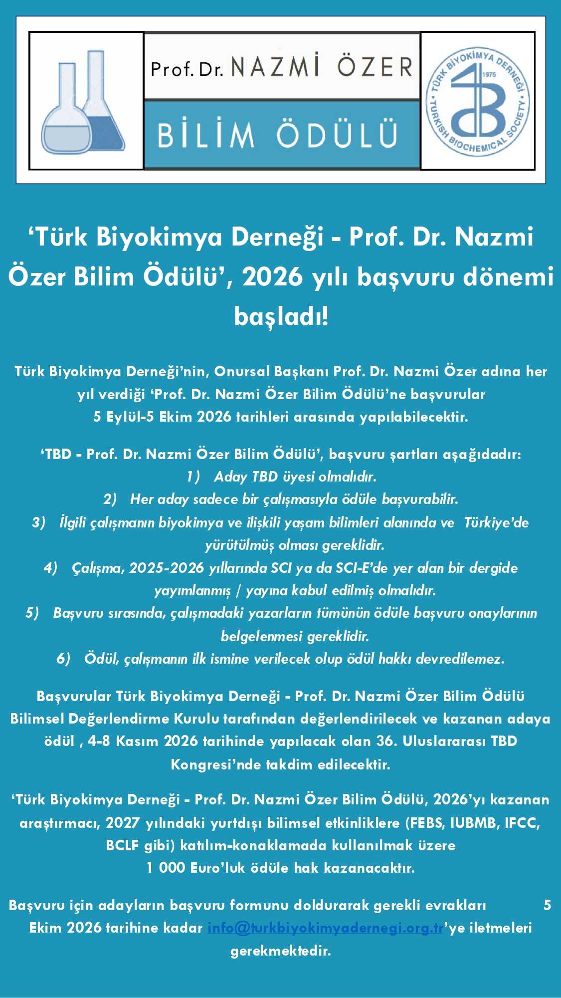 Türk Biyokimya Derneğinden İki Bilim Ödülü İçin Başvuru Çağrısı
